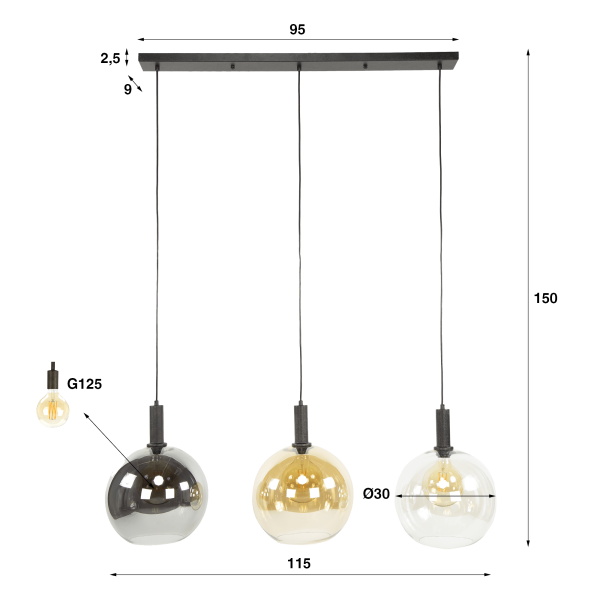 Hanglamp met driekleurige glazen bolvormige kappen – Sfera