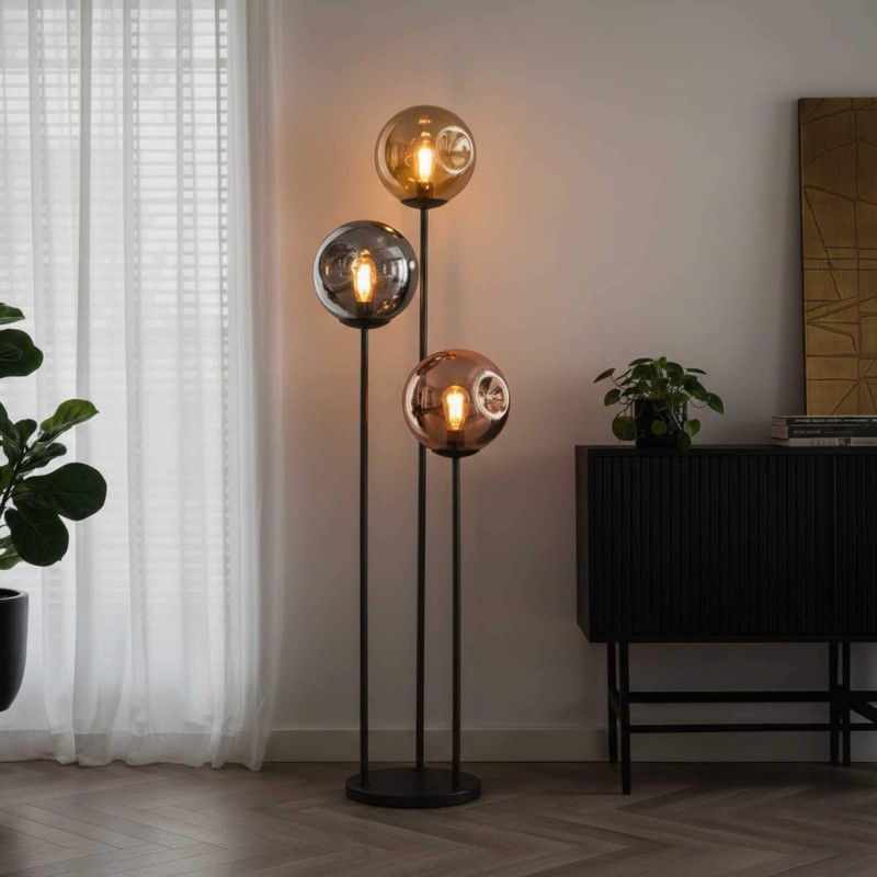 Staande lamp in industriële stijl van metaal met glazen lampenkappen – Caleo