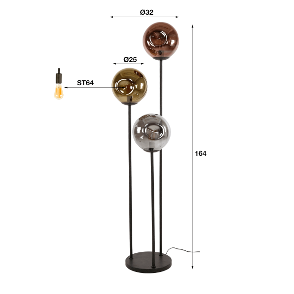 Staande lamp in industriële stijl van metaal met glazen lampenkappen – Caleo