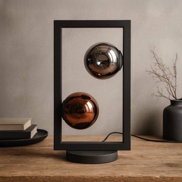 Tafellamp in industriële stijl van metaal met glazen lampenkappen – Caleo