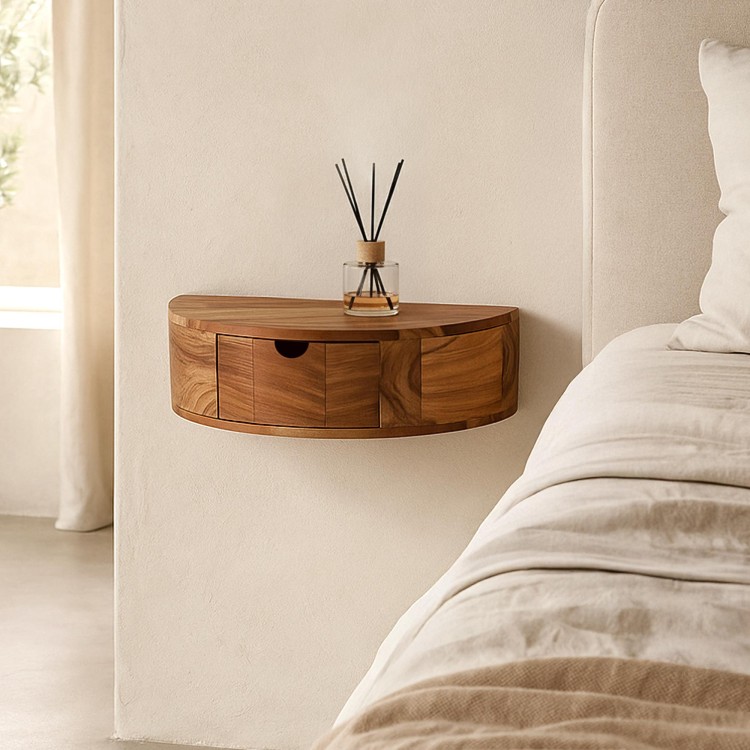 Zwevend nachtkastje in massief acaciahout – Curve