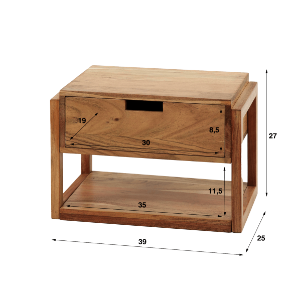 Zwevend nachtkastje in massief acaciahout – Silent