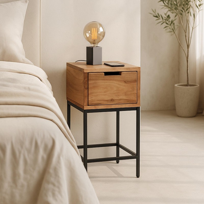 Nachtkastje in hout en metaal, industriële stijl – Natura