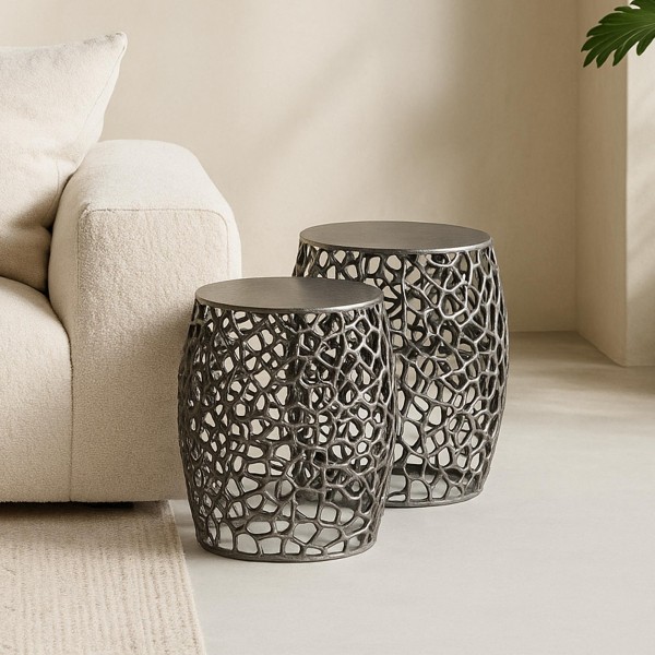 Bijzettafel voor sofa in zwart nikkel met aluminium blad (set van 2) – Maze