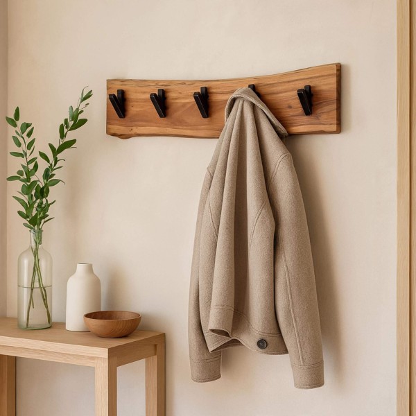 Wandkapstok in massief acaciahout, 5 haken – Trunk