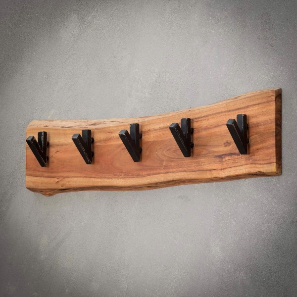 Wandkapstok in massief acaciahout, 5 haken – Trunk