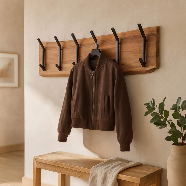 Wandkapstok in massief acaciahout, 2 × 6 haken – Trunk