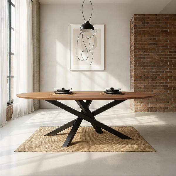 Ovale massief houten eettafel met metalen mikado-poot 220 cm