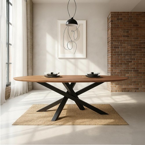 Ovale massief houten eettafel met metalen mikado-poot 220 cm