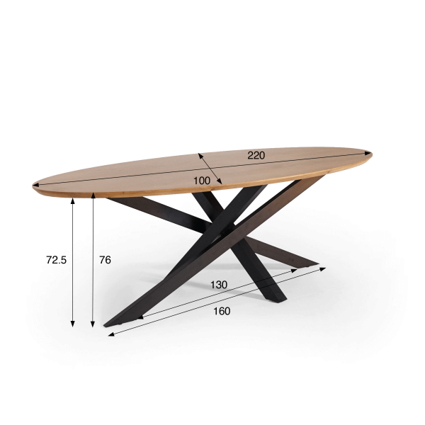 Ovale massief houten eettafel met metalen mikado-poot 220 cm