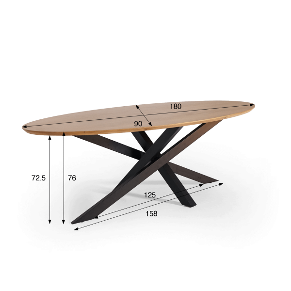 Ovale massief houten eettafel met metalen mikado-poot 180 cm