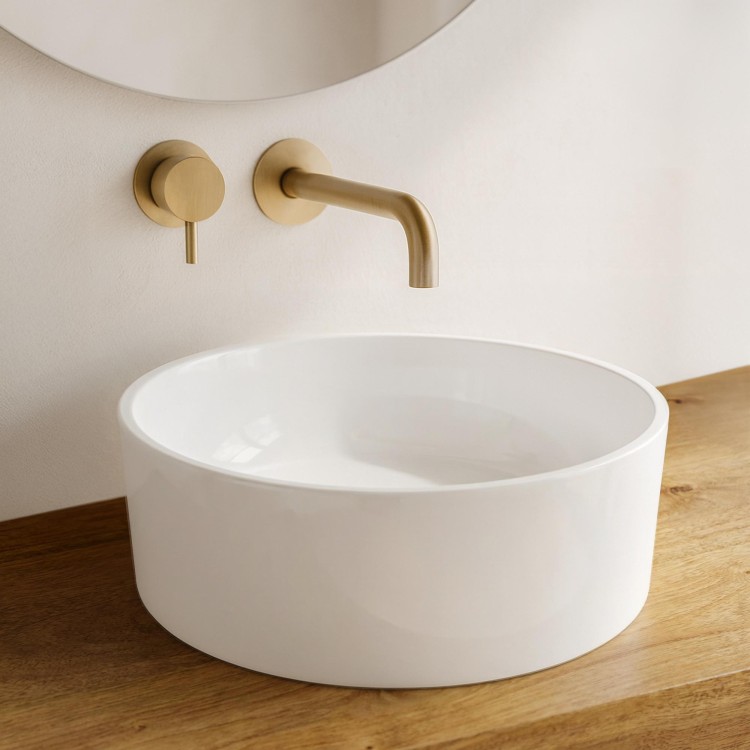 Ronde opbouw waskom van keramiek, glanzend wit – Rundo