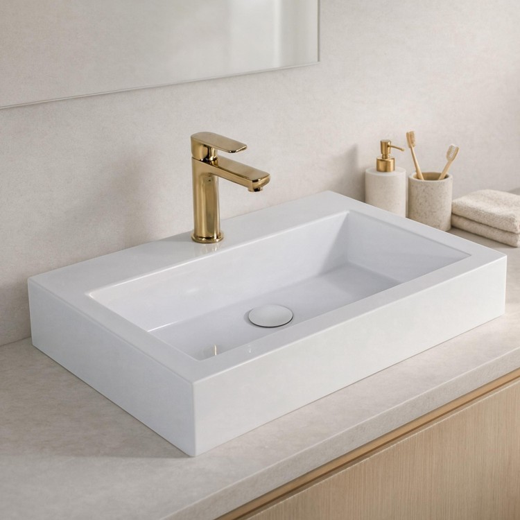 Rechthoekige opbouw waskom van keramiek, glanzend wit – Odon