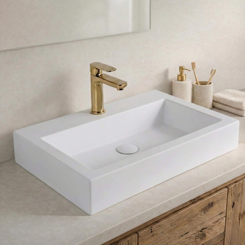 Rechthoekige opbouw waskom van keramiek, mat wit – Odon