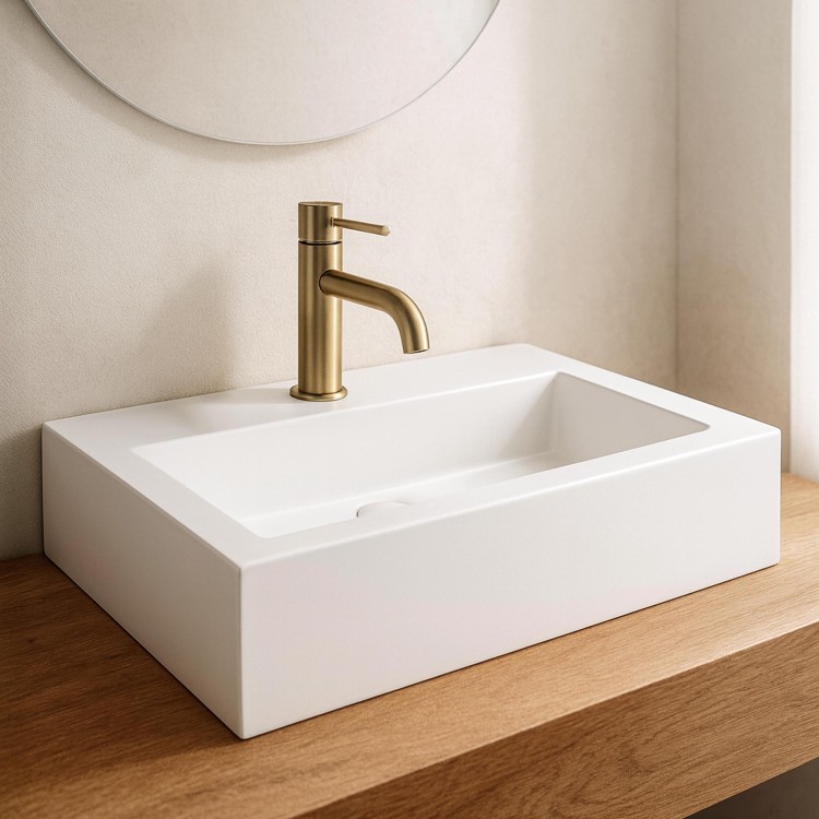 Rechthoekige opbouw waskom van keramiek, mat wit – Odon