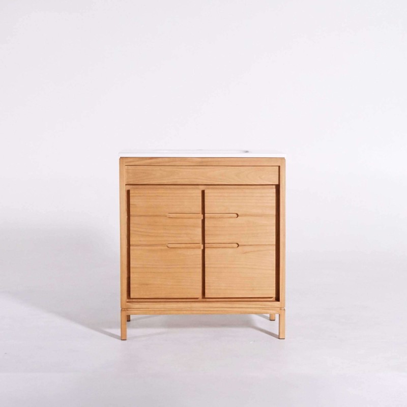 Badmeubel met enkele wastafel in massief hout, mat wit – Ashwini