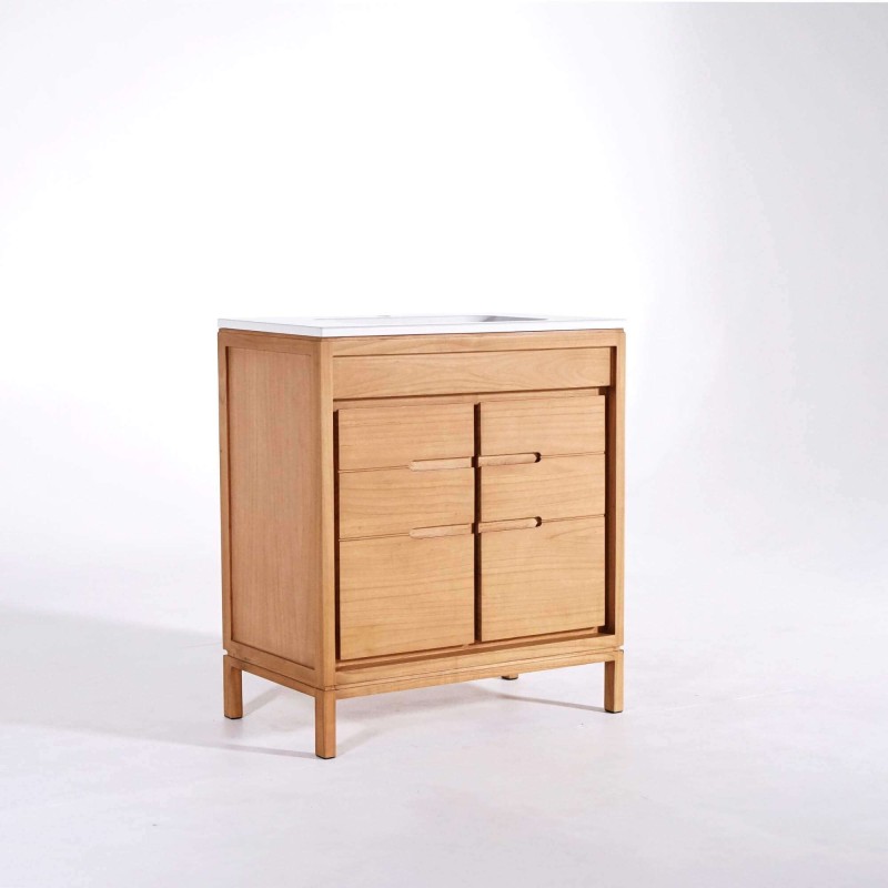 Badmeubel met enkele wastafel in massief hout, mat wit – Ashwini