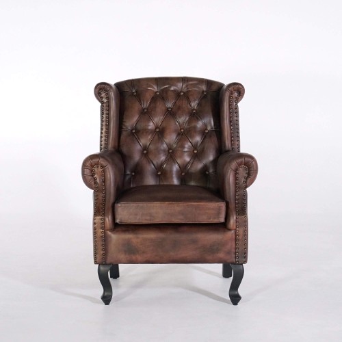 Engelse wingback-fauteuil (oorfauteuil) in donkerbruin leder – George