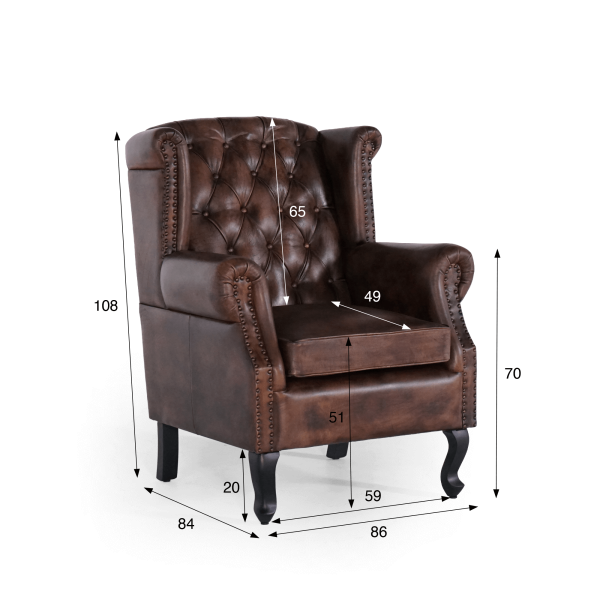 Engelse wingback-fauteuil (oorfauteuil) in donkerbruin leder – George