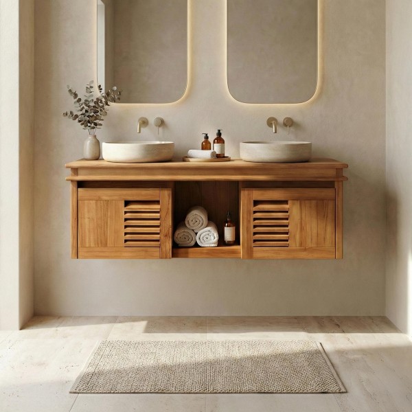 Dubbele massief teakhouten waskom 120 cm - Mira