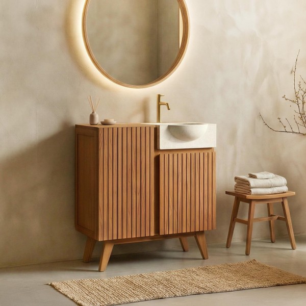 Wastafelmeubel van massief teakhout met witte terrazzo waskom - Neela