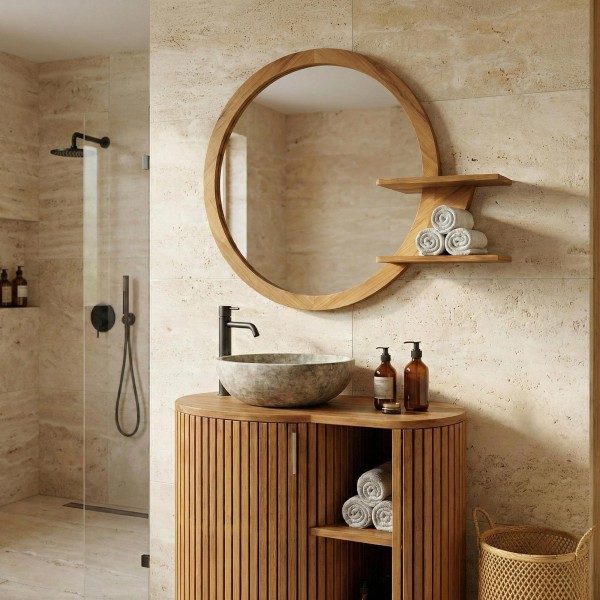 Ovale spiegel met teakhouten lijst en planken - Leela