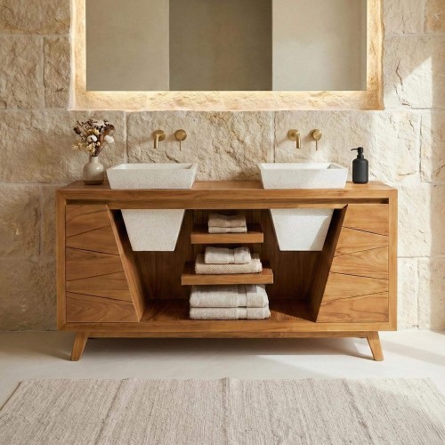 Massief teak badkamermeubel met witte terrazzo dubbele waskommen - Meera