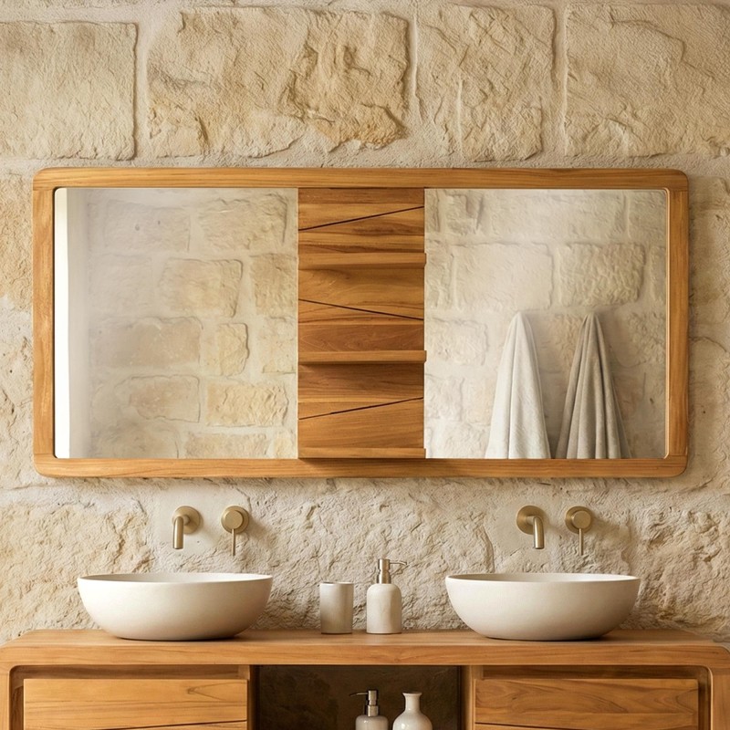 Dubbele spiegel op teakhouten voet met planken - Sahar