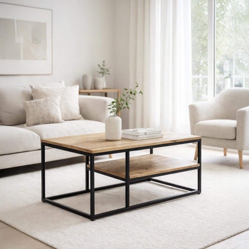 Houten salontafel met metalen onderstel en frame