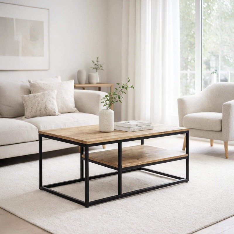 Houten salontafel met metalen onderstel en frame