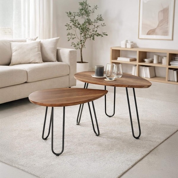 Scandinavische gigogne-salontafels in Scandinavische stijl met een massief acaciahouten blad en metalen onderstel