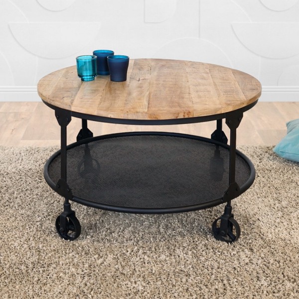 Industriële ronde salontafel met massief houten blad en metalen blad – Wild West