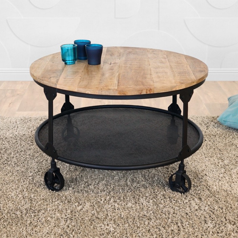 Industriële ronde salontafel met massief houten blad en metalen blad – Wild West