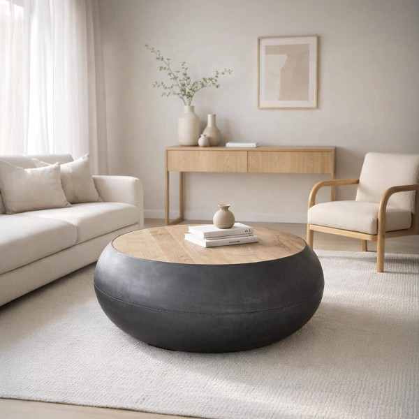 Ronde salontafel in massief hout en metaal in industriële stijl – Essential