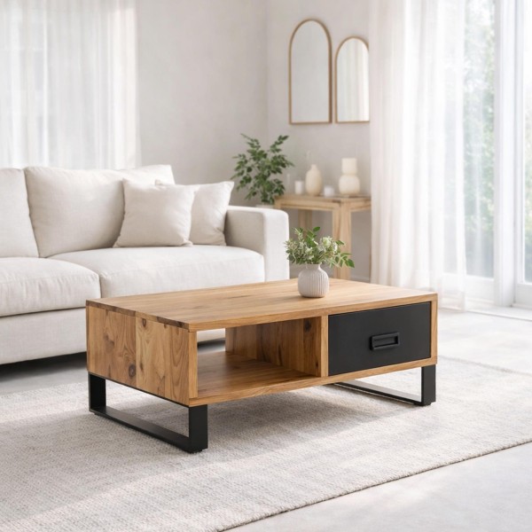 Industriële salontafel in massief acaciahout – Osaka