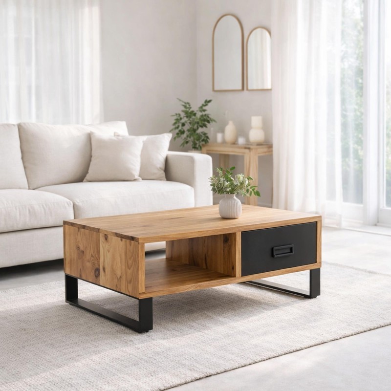 Industriële salontafel in massief acaciahout – Osaka