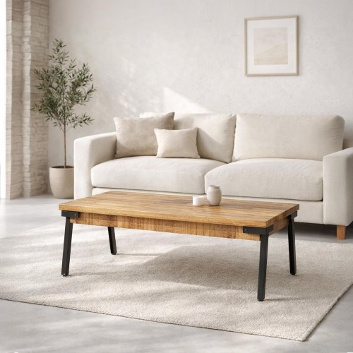 Vintage salontafel met massief houten blad en metalen onderstel – Retro Archi