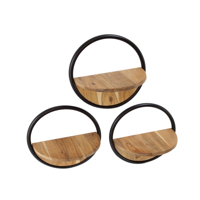 Industriële ronde wandplank met houten legplank (set van 3) - Urban