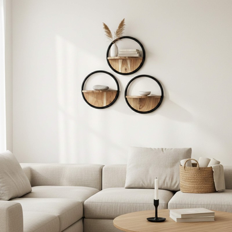 Industriële ronde wandplank met houten legplank (set van 3) - Urban