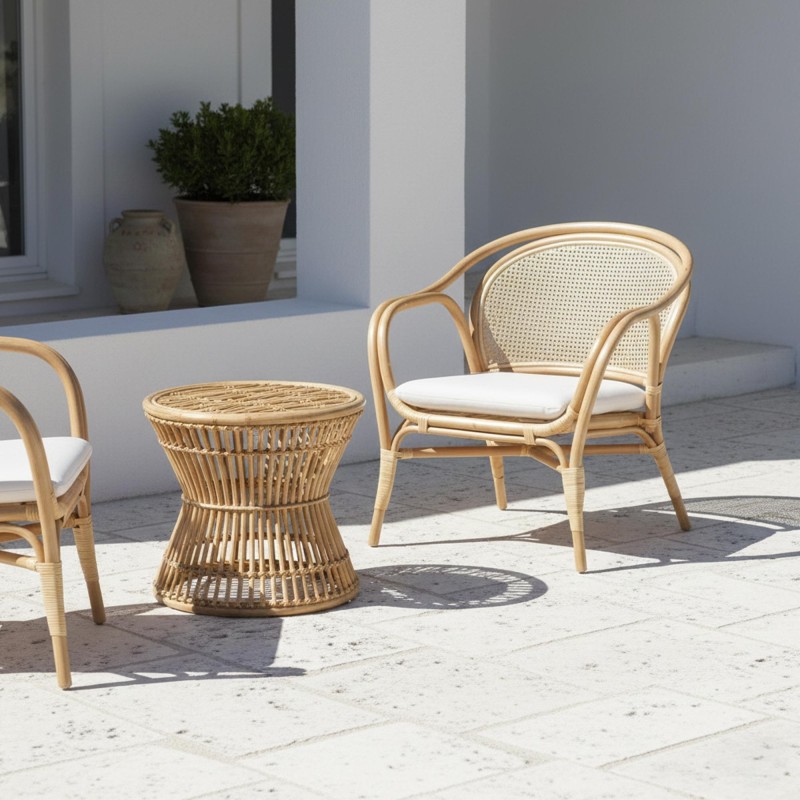 Fauteuil van naturel rotan met beige kussen - Yuki
