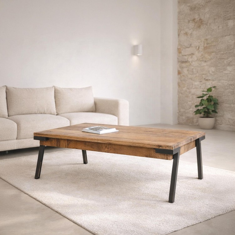 Vintage salontafel met massief houten blad en metalen onderstel – Retro Archi