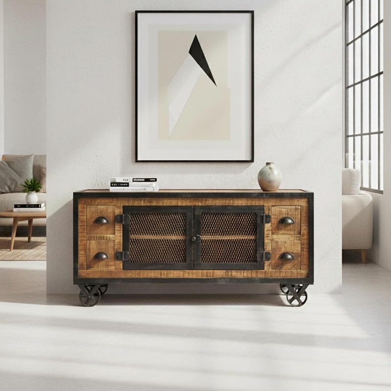 Industrieel TV meubel 4 laden carbonkleurige afwerking 