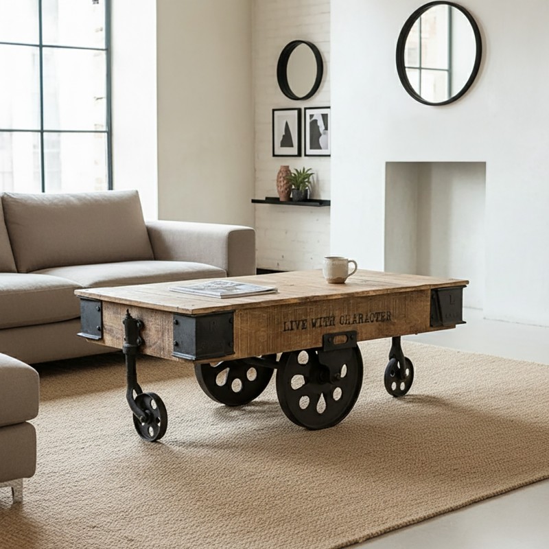 Industriële salontafel in massief hout met metalen wielen