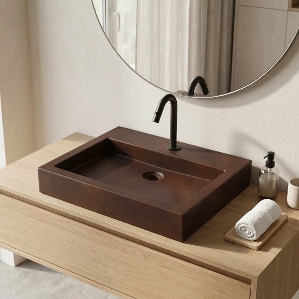 Rechthoekige vintage bruine betonnen wastafel - Solidis