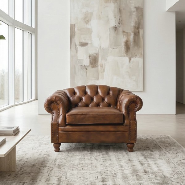 Fauteuil Chesterfield in echt bruin leer - Harold