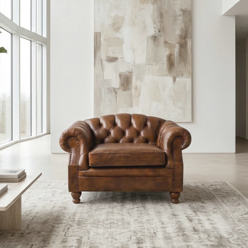Fauteuil Chesterfield in echt bruin leer - Harold