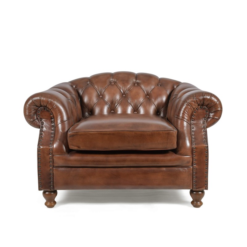 Fauteuil Chesterfield in echt bruin leer - Harold