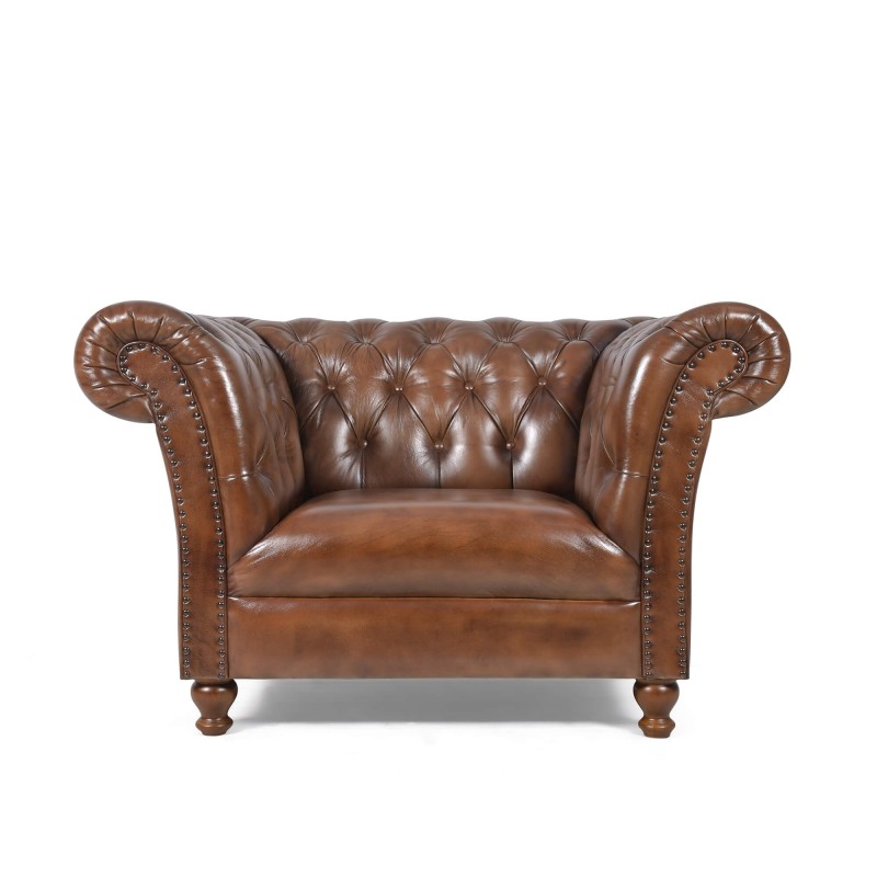Chesterfield fauteuil van echt bruin leer - Henry
