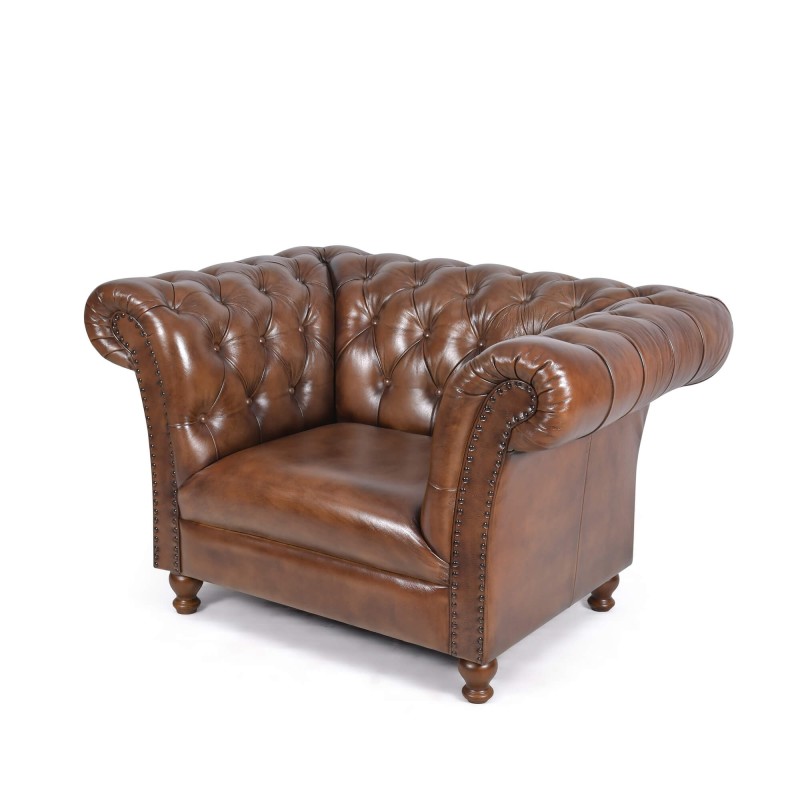 Chesterfield fauteuil van echt bruin leer - Henry