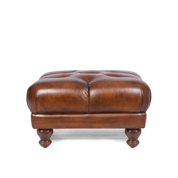 Gecapitonneerde poef van echt bruin leer